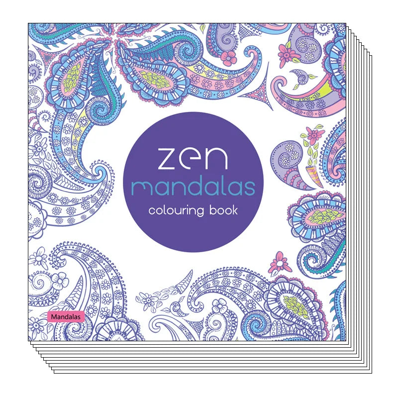 A colorful 24-page mandala colouring book with intricate patterns and a purple title.