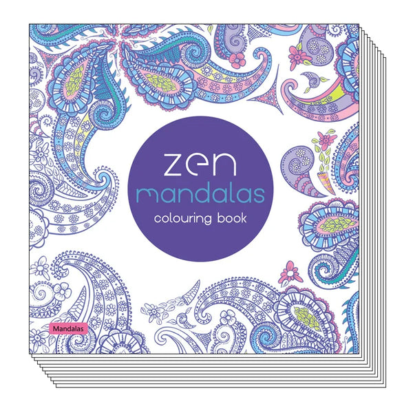 Libro de colorear de mandalas de 24 páginas, colorido, con patrones intrincados y título púrpura.
