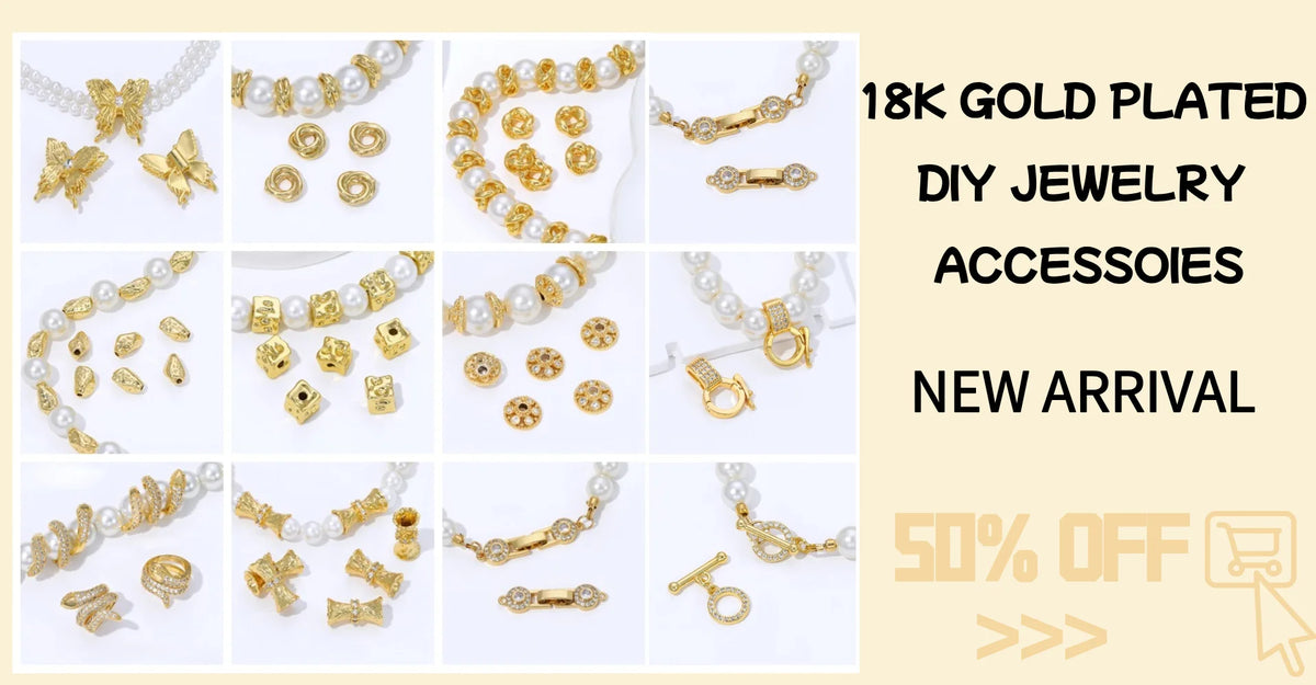 A collection of 18K gold-plated DIY jewelry accessories including necklaces, earrings, and spacer beads.