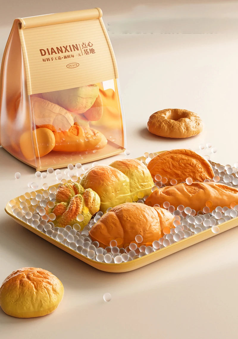 A set of realistic pretend play food items including bread rolls and pastries displayed on a tray.