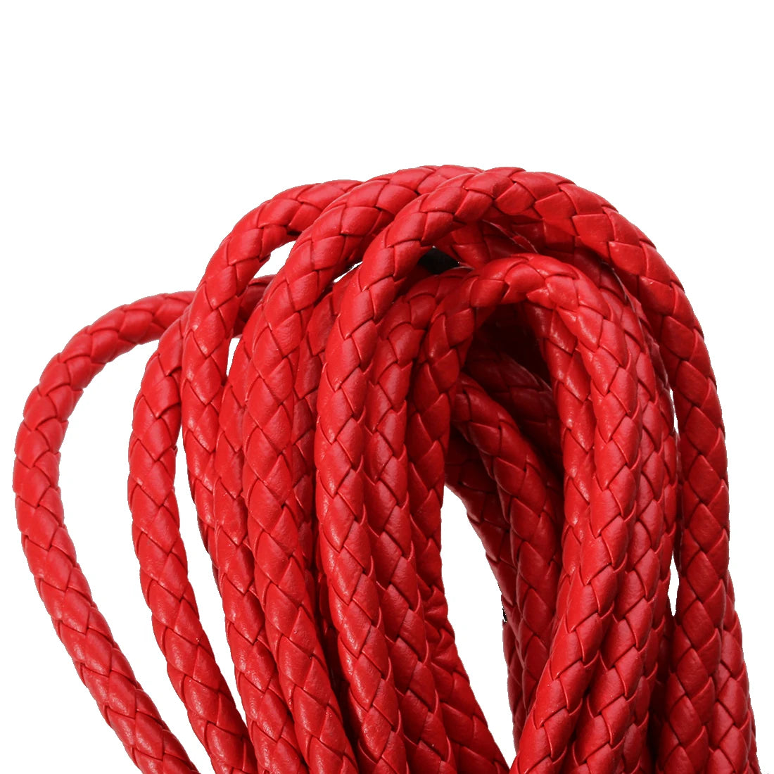 A bundle of round red braided leather cord used for jewelry making and DIY crafts.