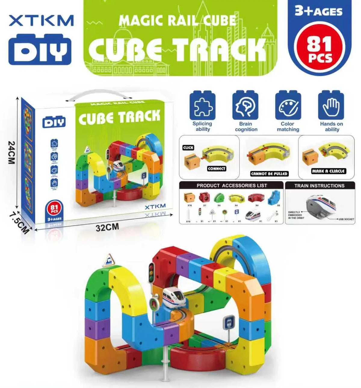 A colorful magic rail cube track set for DIY educational play featuring interlocking building blocks and train components.