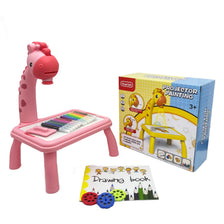 A pink plastic drawing projector set for kids including a toy horse, a drawing book, and colored pencils.