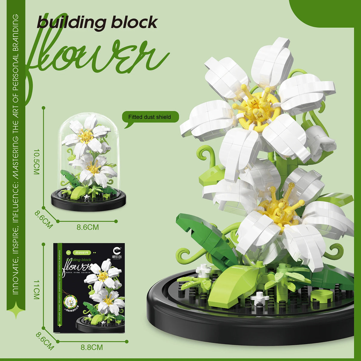 A kit for building a flower arrangement using building blocks, featuring white and green components.