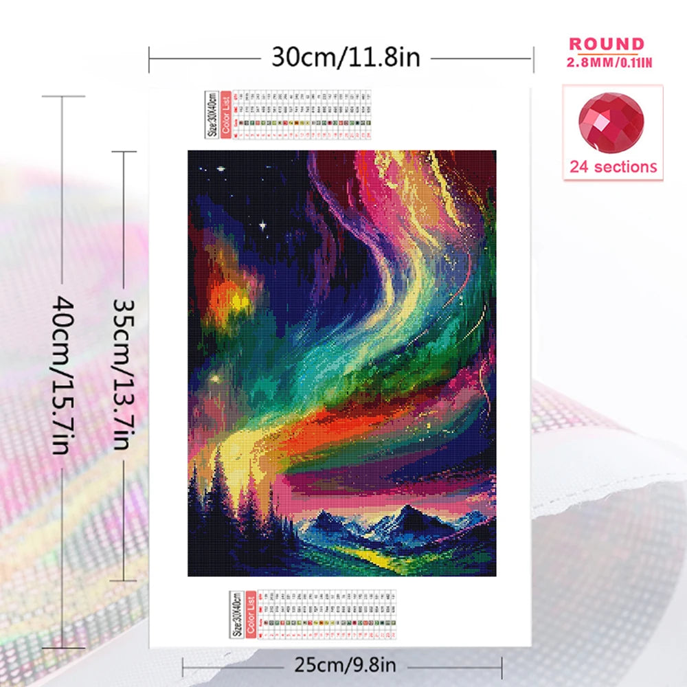 A diamond painting kit featuring an aurora landscape design on a canvas, with dimensions 30cm by 40cm.