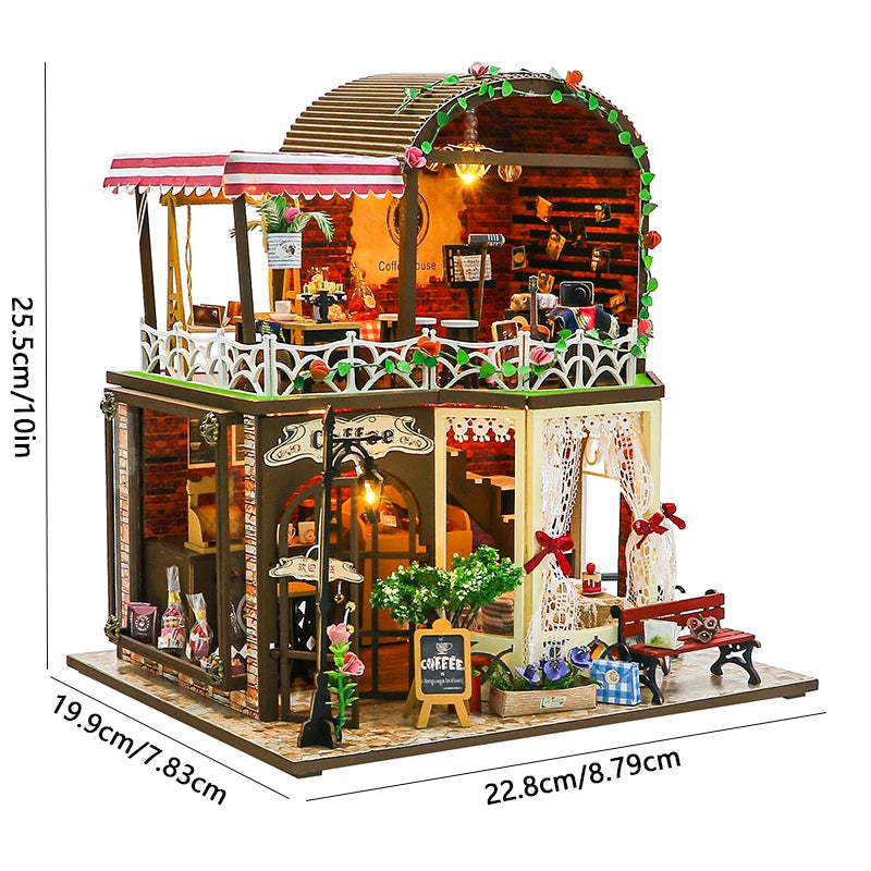 A wooden mini seaside villa dollhouse kit featuring a storefront, furniture, and decorative elements.
