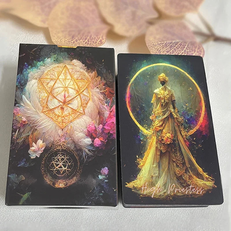A tarot card featuring a golden pentagram design surrounded by white feathers and pink flowers on a dark background.