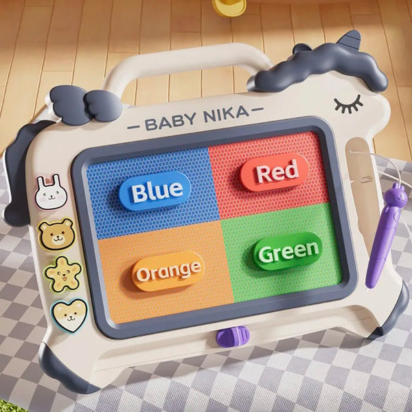 A white magnetic graffiti writing board with colored sections including blue, red, green, and orange, featuring a gray handle