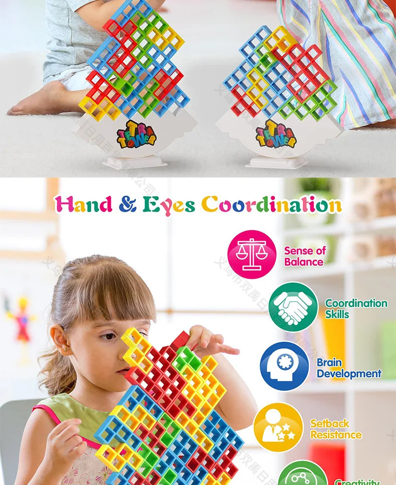 A child is building a colorful stacking dinosaur set, demonstrating hand and eye coordination for brain development.