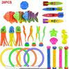 A collection of colorful diving toys including fish, sea creatures, and rings for swimming pool games