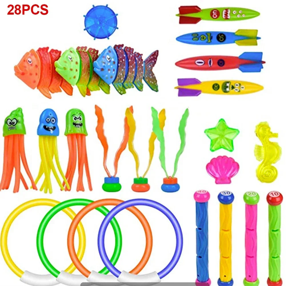 A collection of colorful diving toys including fish, sea creatures, and rings for swimming pool games