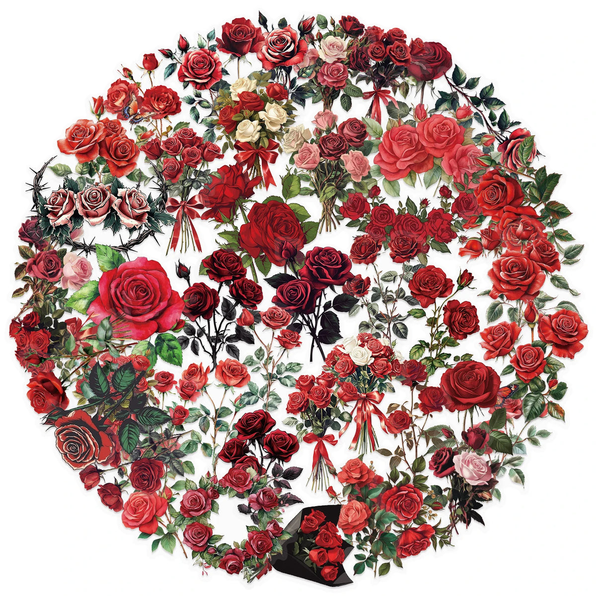 A circular arrangement of vintage red and pink roses and greenery.