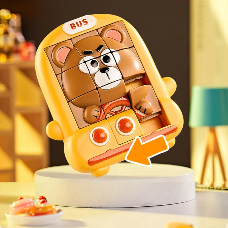 A yellow animal slide puzzle shaped like a bear, designed for kids' logical thinking and travel fun.