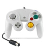 A white wired game controller for the Nintendo GameCube shown from above.
