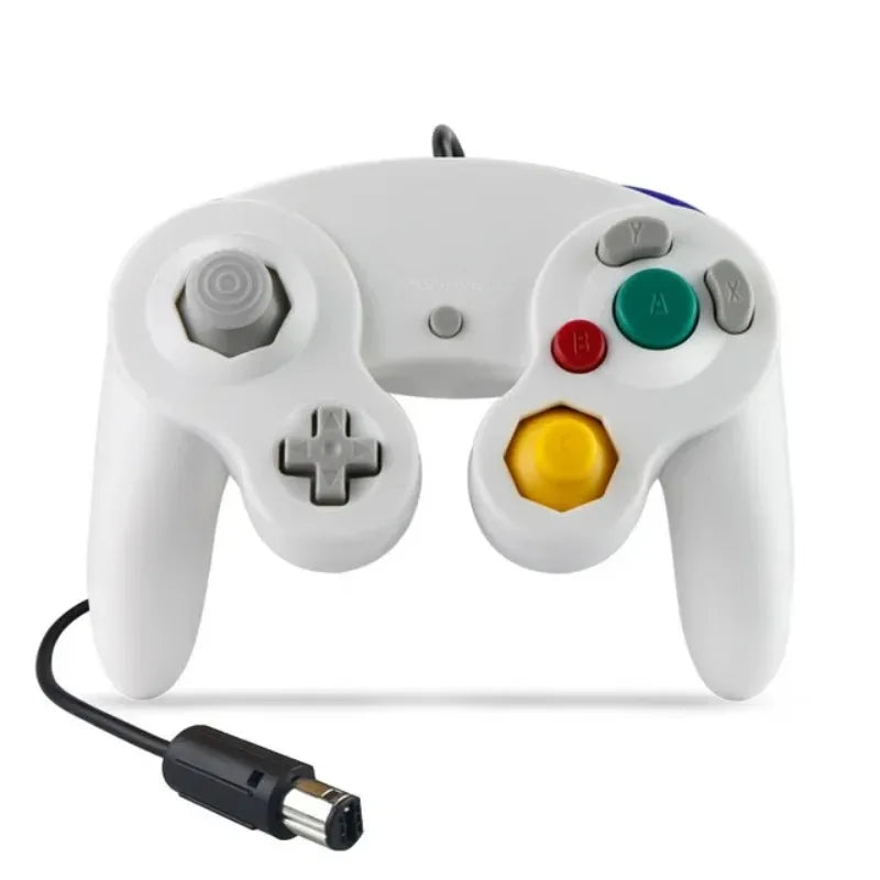 A white wired game controller for the Nintendo GameCube shown from above.