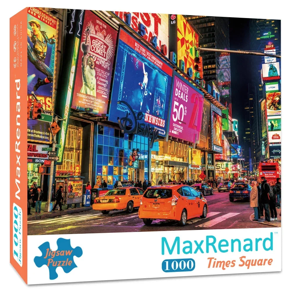 A box of a 1000-piece jigsaw puzzle featuring Van Gogh's Starry Night, displayed next to a busy city street scene.