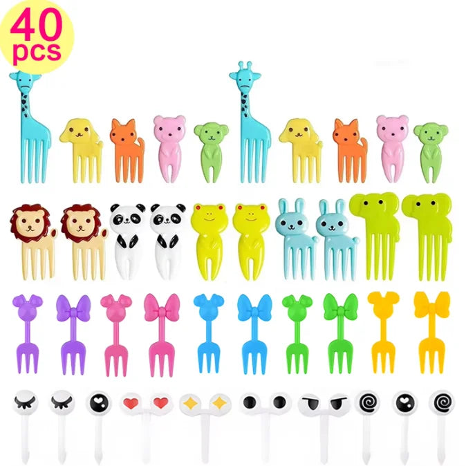 A set of 40 mini fruit forks for kids in various colors and shapes.