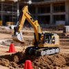 A yellow mini RC excavator driving through dirt, demonstrating half-proportional control.
