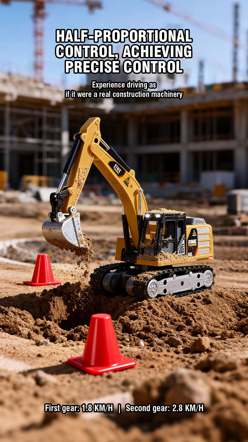 A yellow mini RC excavator driving through dirt, demonstrating half-proportional control.