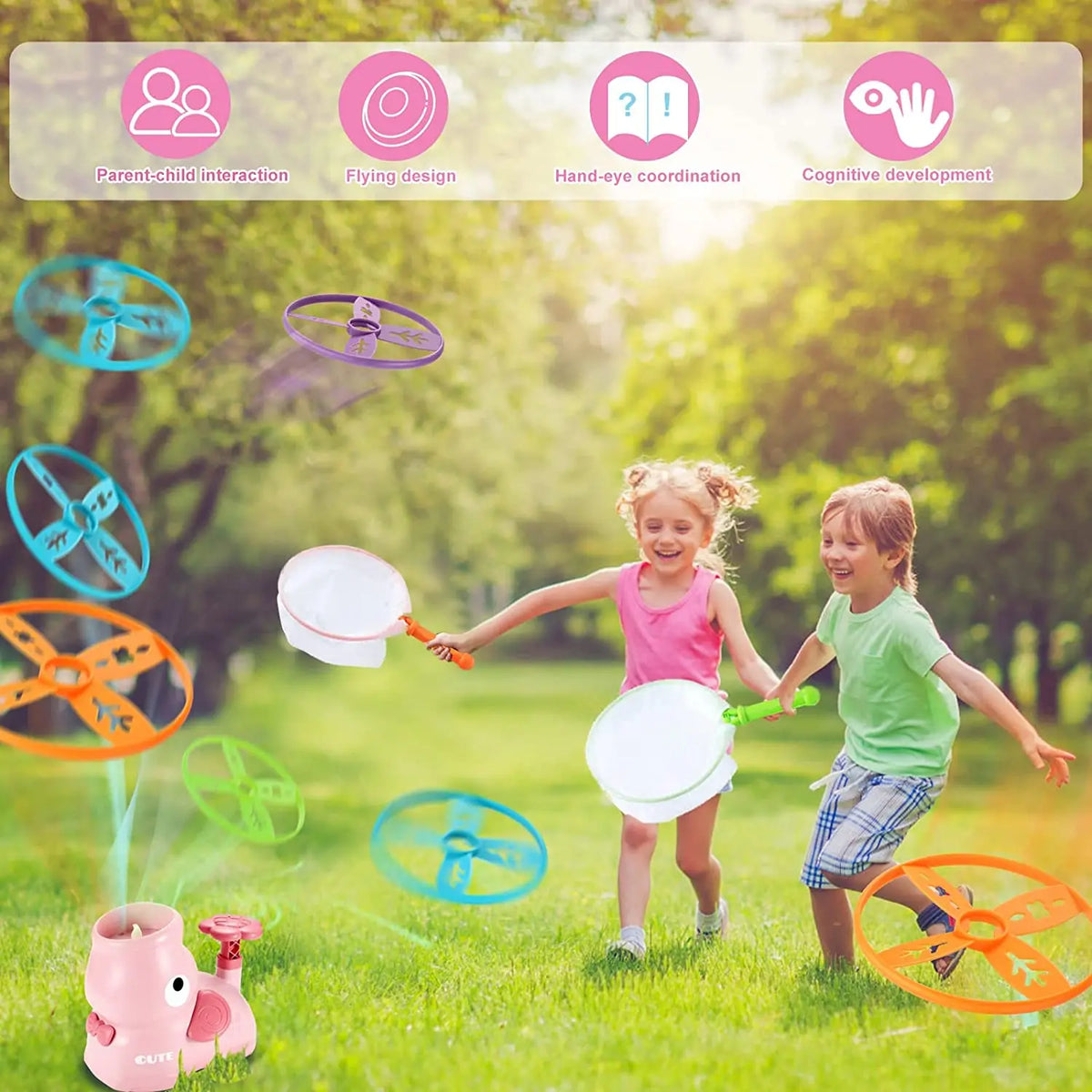 A child is playing with a foot launcher flying disc toy set, demonstrating parent-child interaction and cognitive development