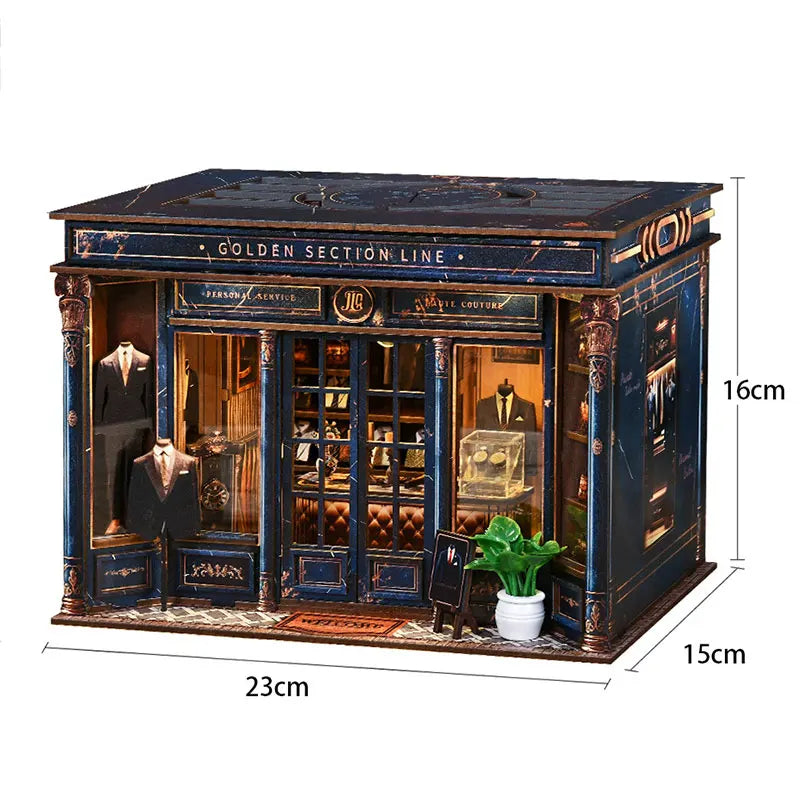 A dark blue vintage music room book nook kit featuring detailed miniature furniture and LED lighting.