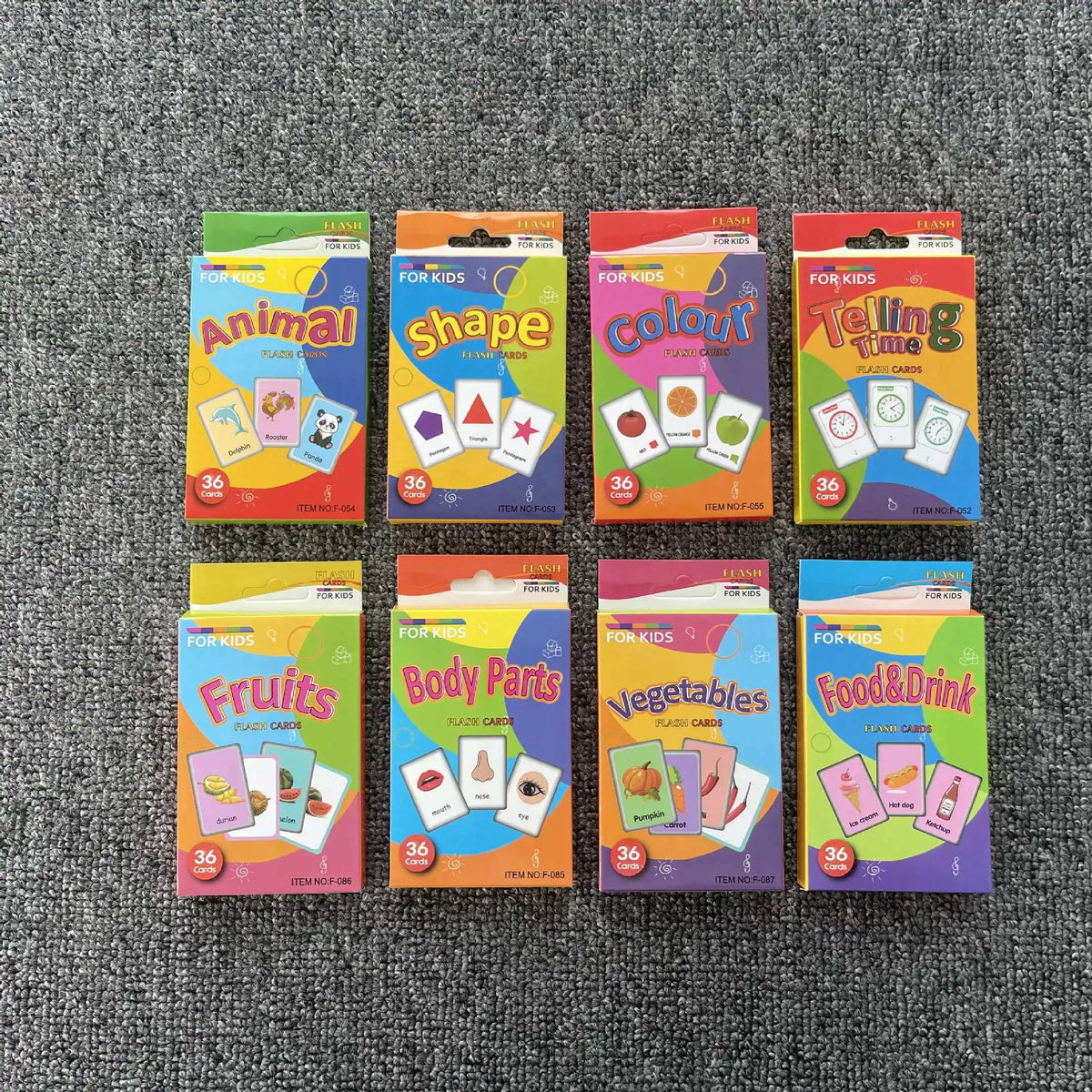 A collection of colorful early learning flash cards for kids including Animal, Shape, Colour, Telling Time, Fruits, Body Part