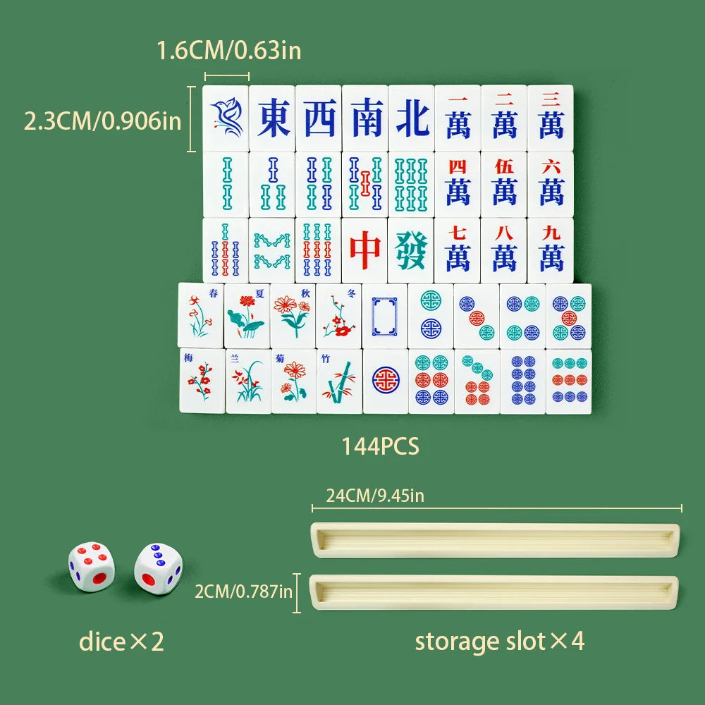 A set of 144 Mahjong tiles in various colors and patterns displayed next to storage slots and dice.
