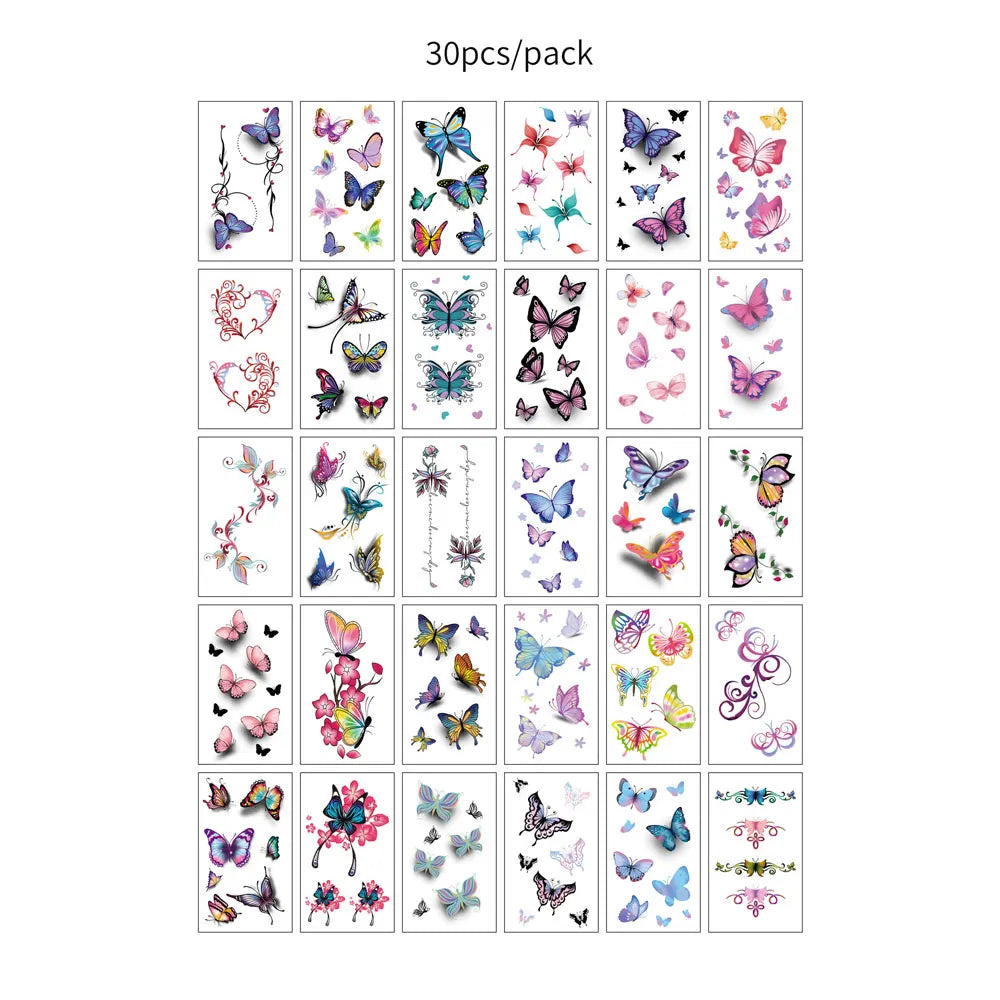 A grid of 30 temporary tattoos featuring various colorful butterfly and floral designs for kids and adults