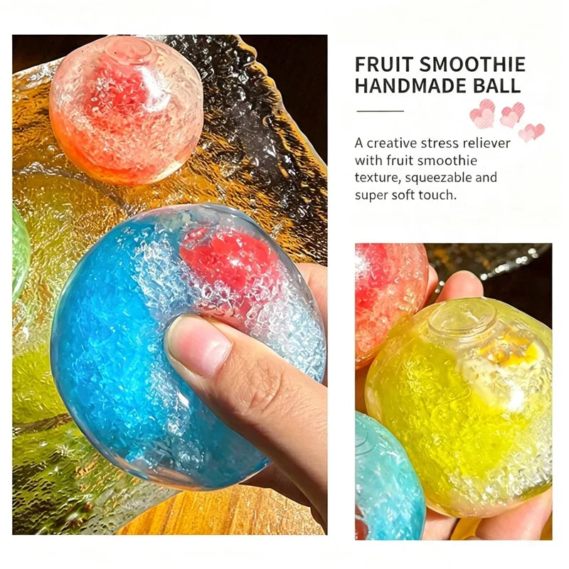 Handmade fruit smoothie stress relief ball in various colors like pink blue and yellow