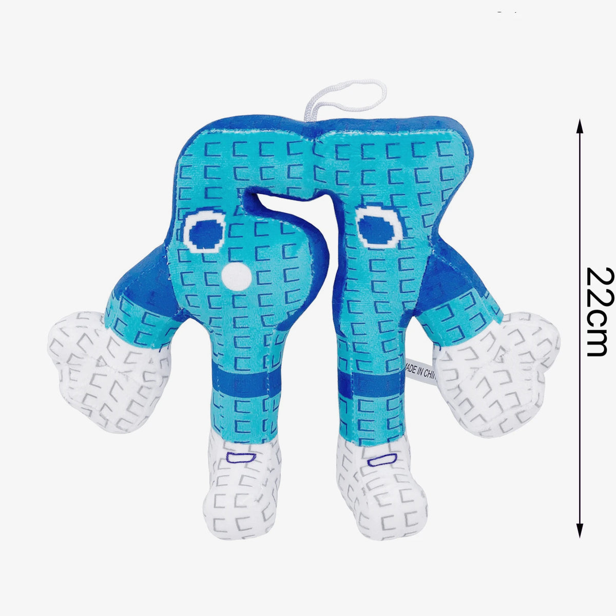 A cute blue game character plush toy with white accents and a string attached.