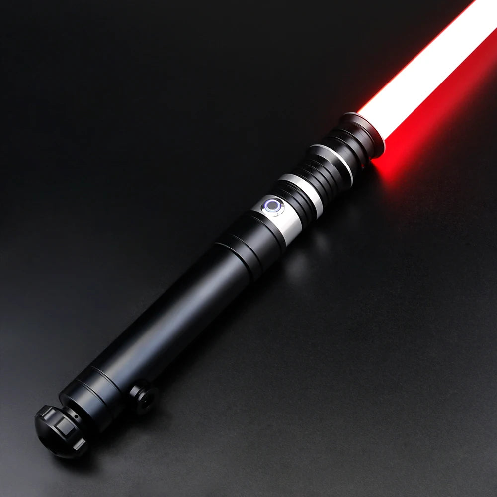 A black lightsaber with a red blade is shown diagonally against a dark background.