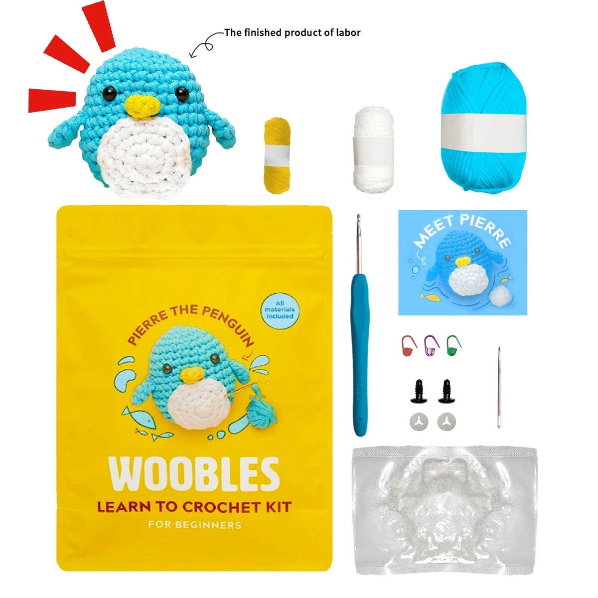 A yellow bag containing a penguin crochet kit with yarn, needles, and patterns for beginners.