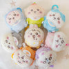 A set of kawaii plush keychains featuring characters resembling Usagi, Hachiware, and JiYi in various pastel colors.
