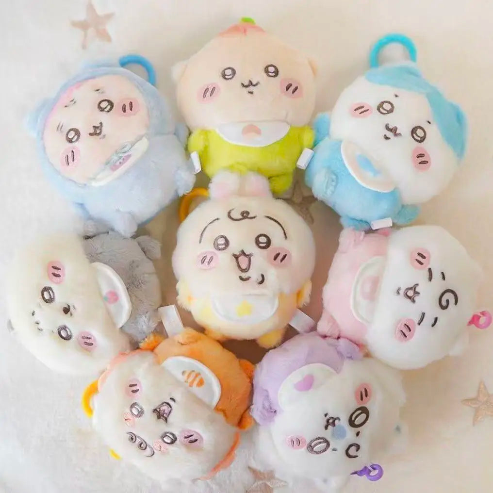 A set of kawaii plush keychains featuring characters resembling Usagi, Hachiware, and JiYi in various pastel colors.