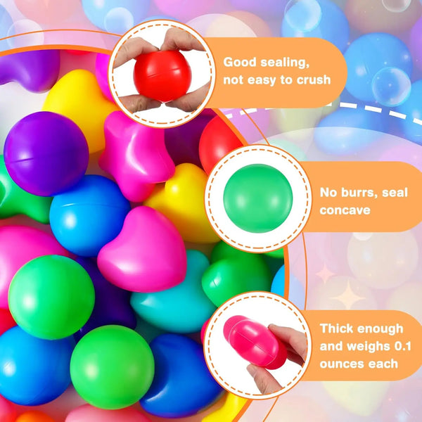 A collection of colorful plastic billiard balls in various bright colors like red, yellow, purple, and green.