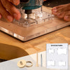 A set of butterfly inlay templates and a marking ruler for woodworking, shown next to a hand and a drill bit.