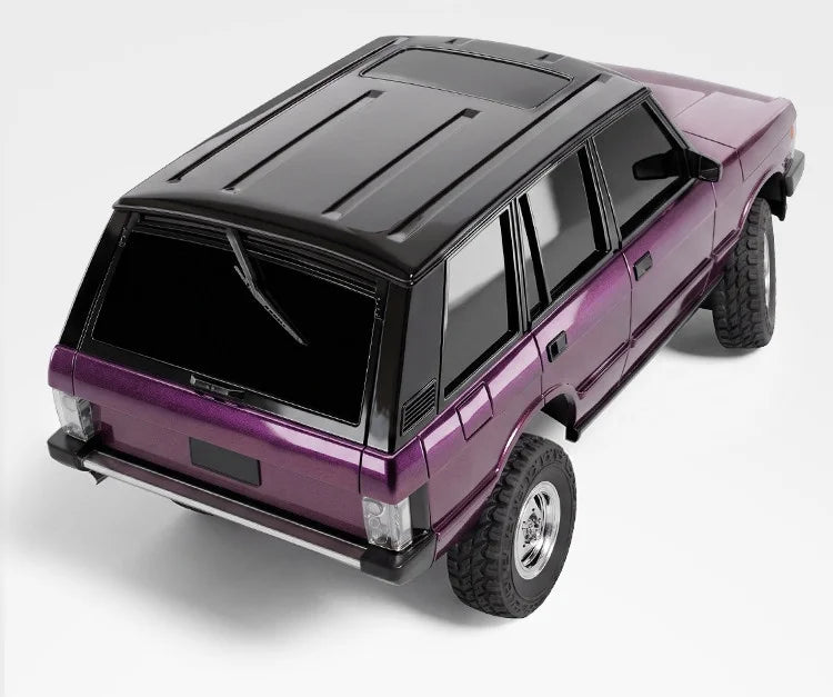A purple LDRC 1:18 scale 4WD brushless RC crawler truck is shown from the rear three-quarter angle.