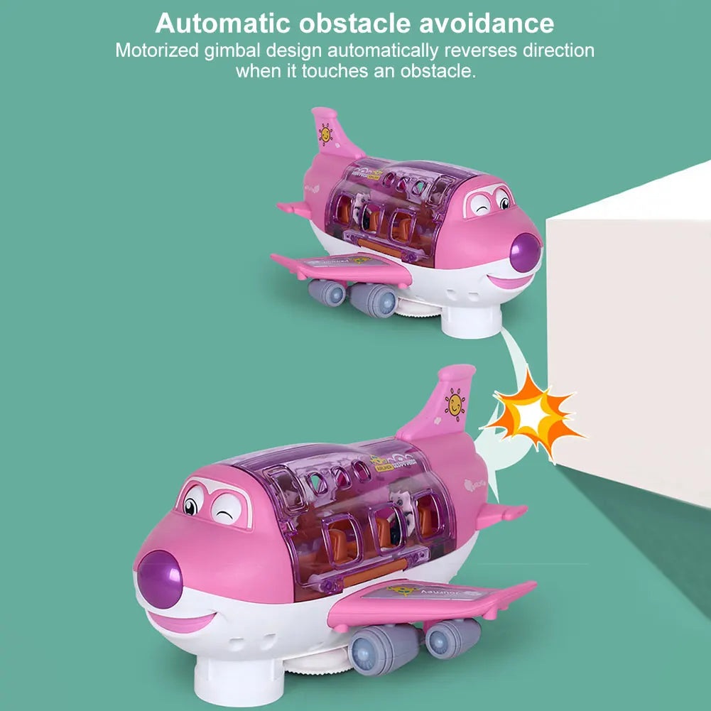 A pink toy airplane with a gimbal design is shown avoiding an obstacle.