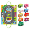 A soft fabric car toy set with a map game mat and storage bag featuring various colored vehicles.