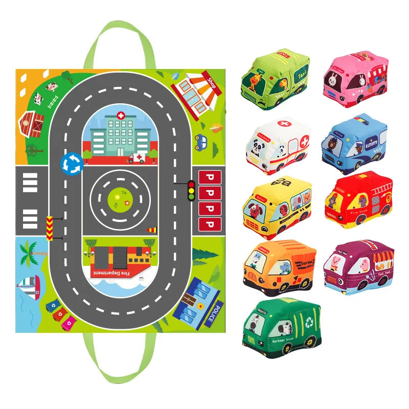 A soft fabric car toy set with a map game mat and storage bag featuring various colored vehicles.