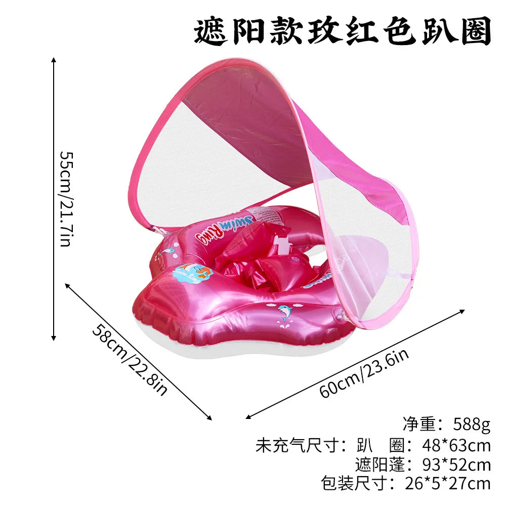 Pink inflatable baby seat ring with sunshade canopy shown in an open view