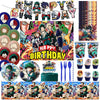 A collection of hero-themed birthday party decorations featuring characters and a colorful backdrop.
