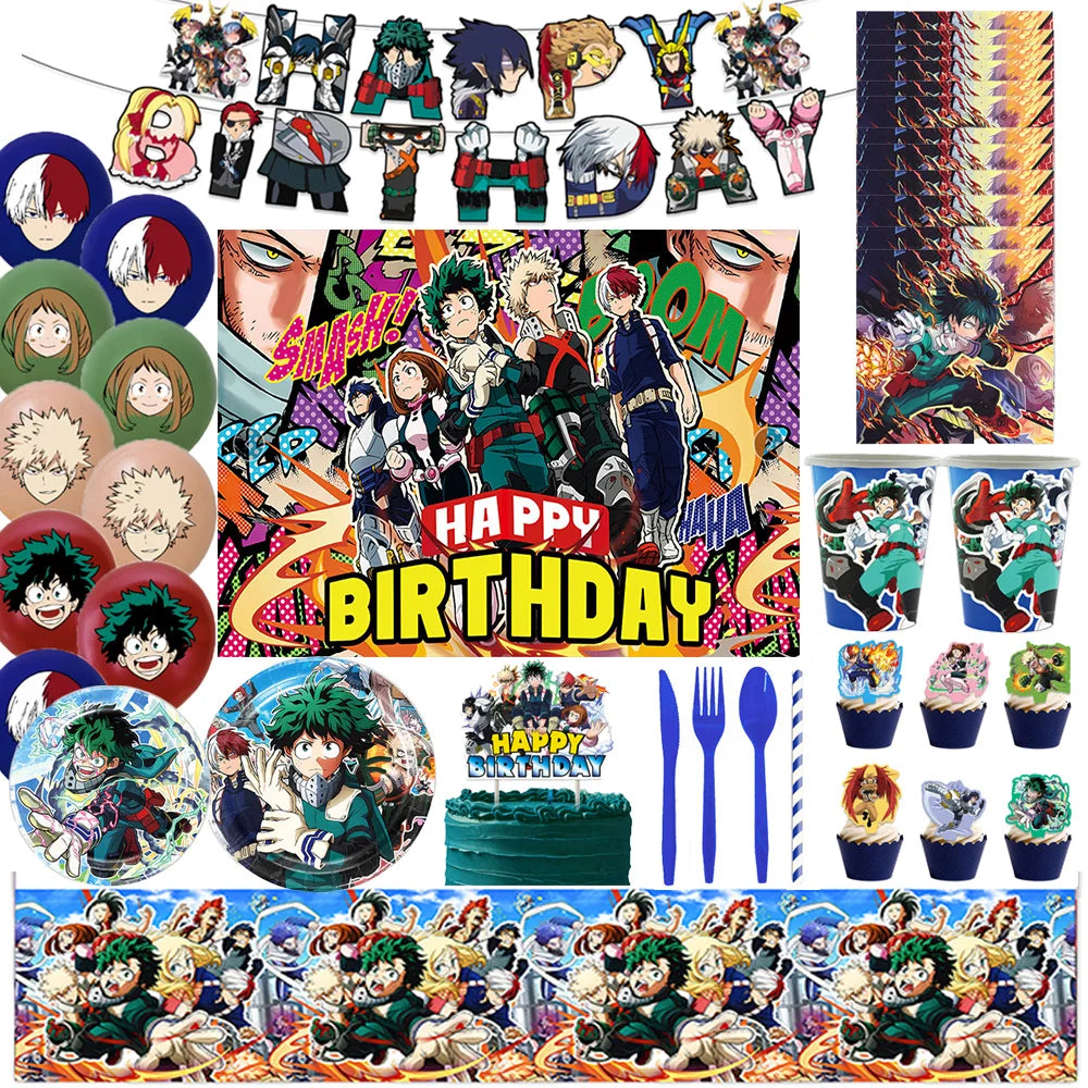 A collection of hero-themed birthday party decorations featuring characters and a colorful backdrop.