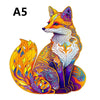 A vibrant orange and purple fox design on an A5 sized piece of art.