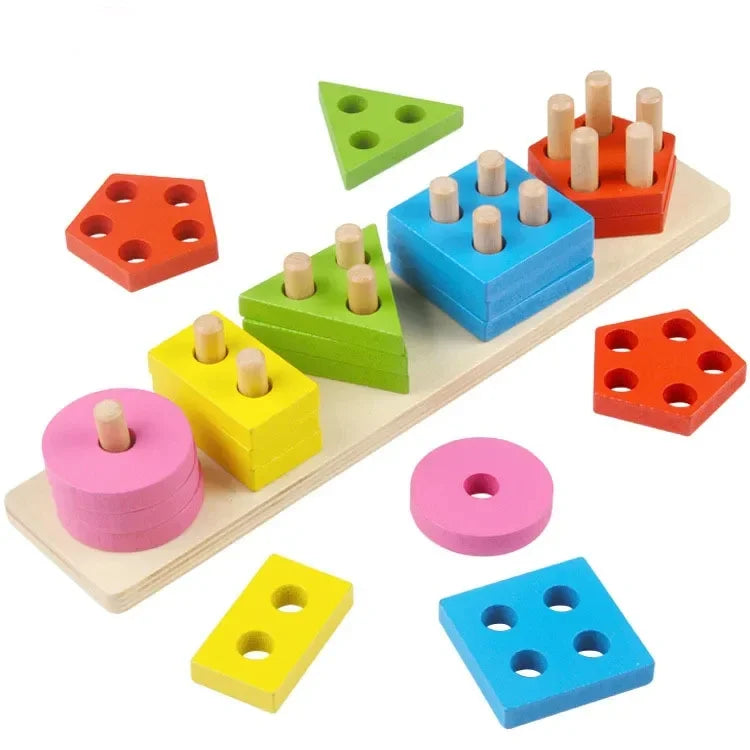 A collection of wooden geometric shape sorter puzzles in various colors including green, blue, orange, and pink.