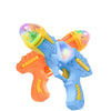 A bright blue toy gun with orange accents and a clear, colorful projection light barrel.