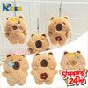 A collection of fluffy brown bear plush toys displayed against a white tiled background.
