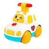 A white and yellow push and go friction car toy with a red rattle on top.