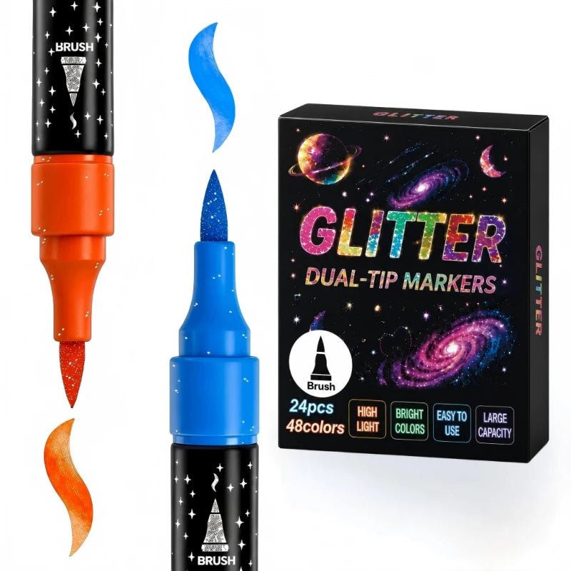 A box of glitter dual-tip markers featuring 24 packs of 48 colors with a brush applicator.