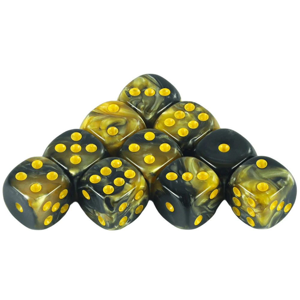 A set of ten gold standard dice with yellow dots arranged in a pyramid shape.